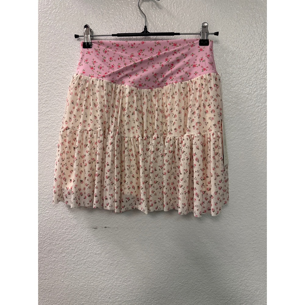 Blogilates Ballerina Skort Floral Tiered Mesh Skirt with Pockets Pink Cream M